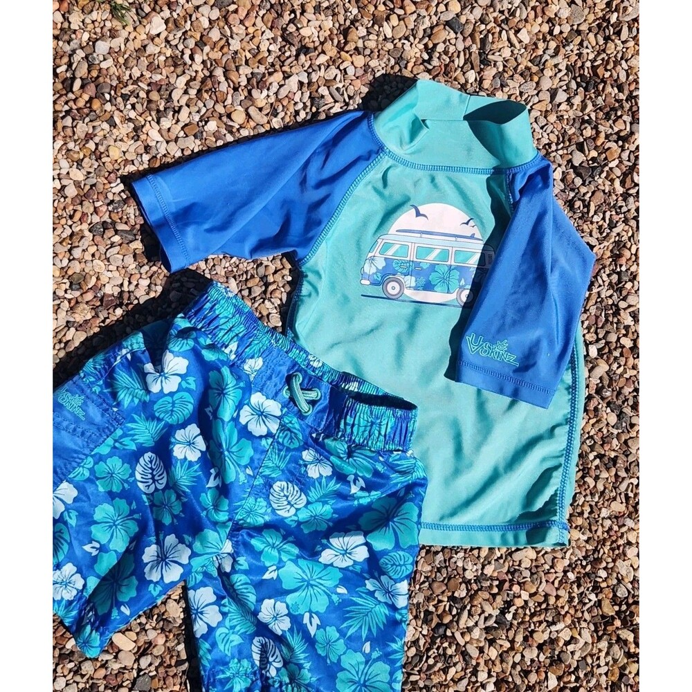 UV SKINZ Boys 2 Piece Tropical Swim Set Blue Hawaiian Floral 4T UPF 50+ Swimwear